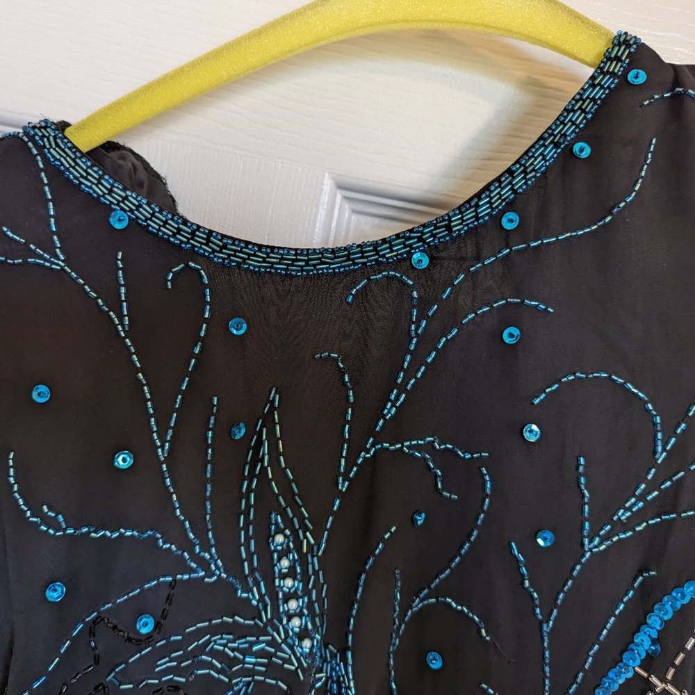 DAZZLING SILK | BEADED & SEQUIN | Vintage | Black Tie Top | L | EVC - Picture 2 of 11